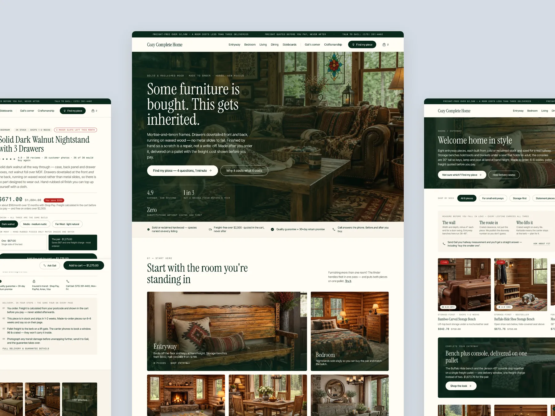 Cozy Complete Home concept redesign: Homepage centre, product left, collection right