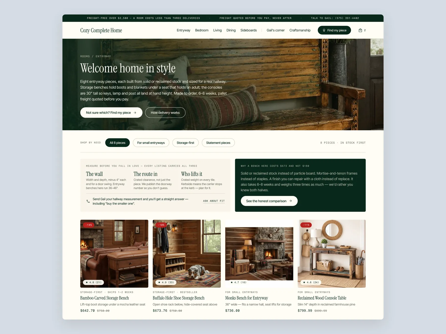 Cozy Complete Home concept redesign: Collection page first screen: header, filters, first row