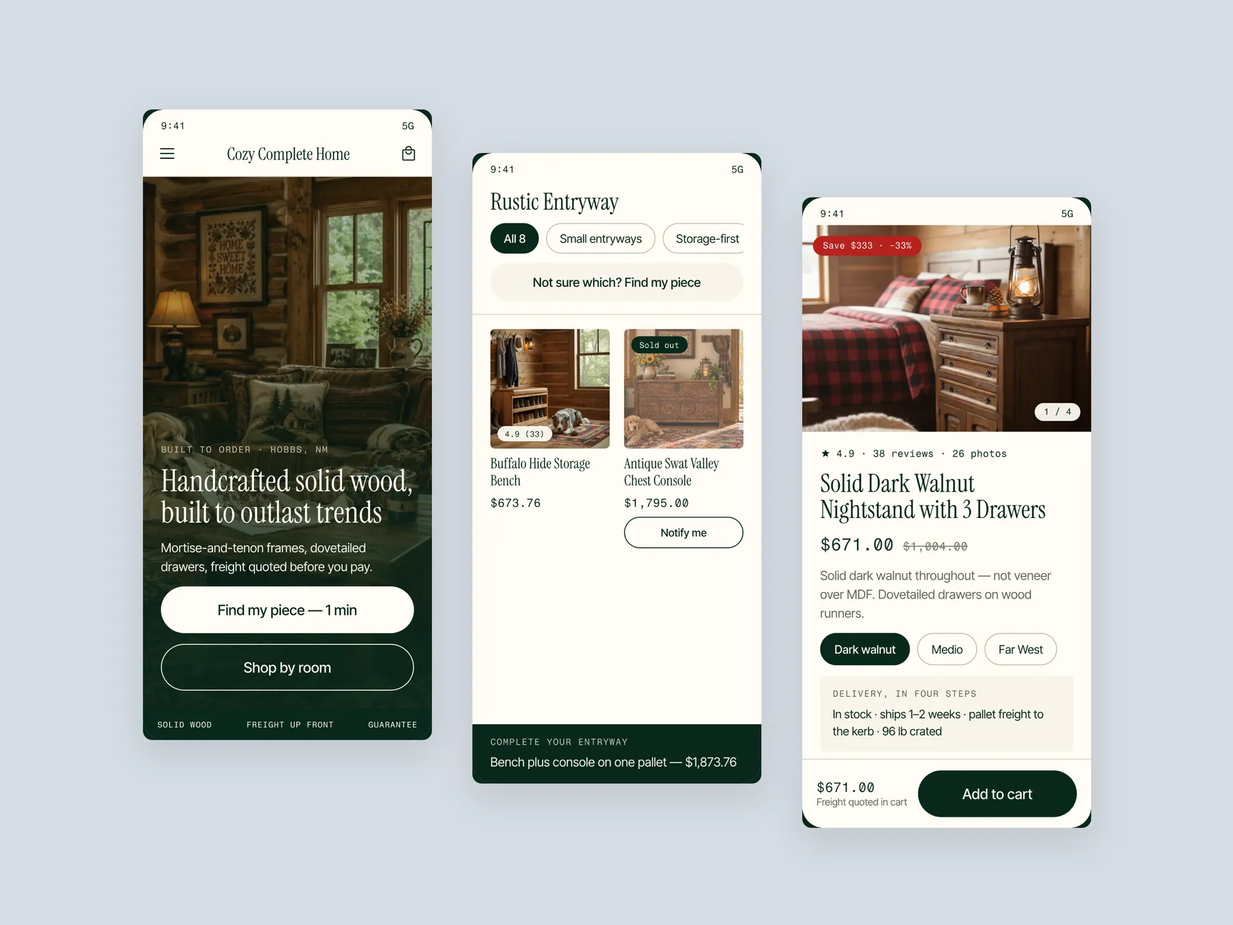 Cozy Complete Home concept redesign: Three phone screens: home, collection, product