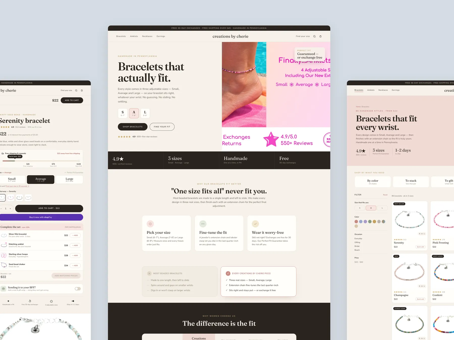 Creations by Cherie concept redesign: Homepage centre, product left, collection right