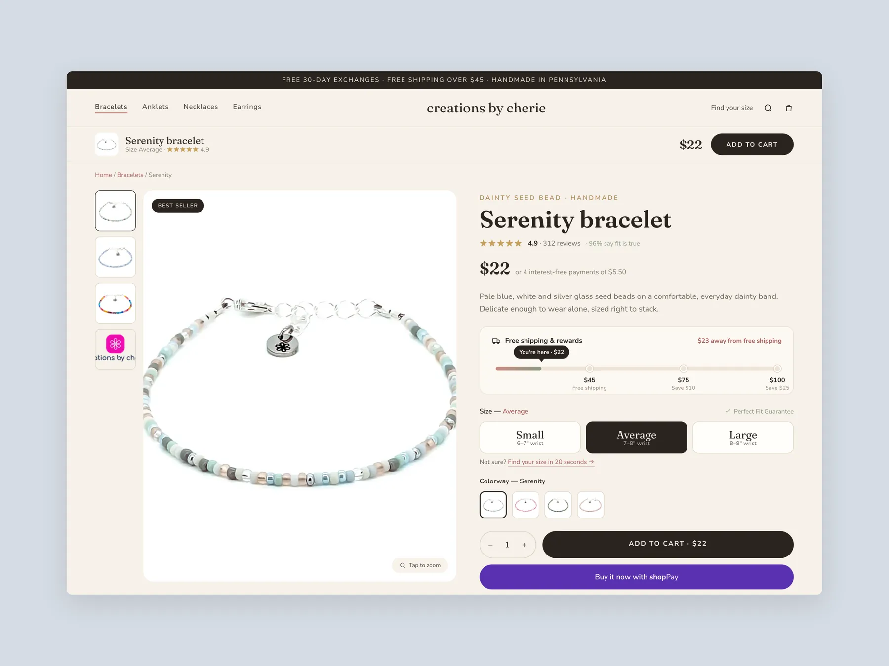 Creations by Cherie concept redesign: Product page first screen: header and buy box