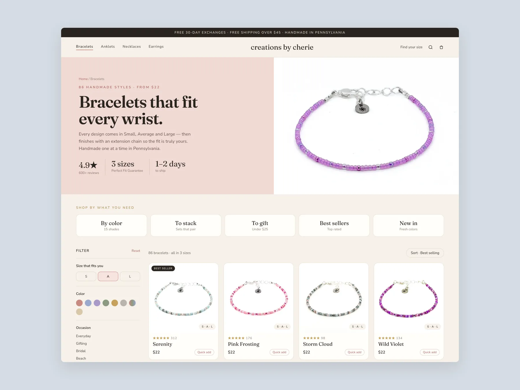 Creations by Cherie concept redesign: Collection page first screen: header, hero, first row