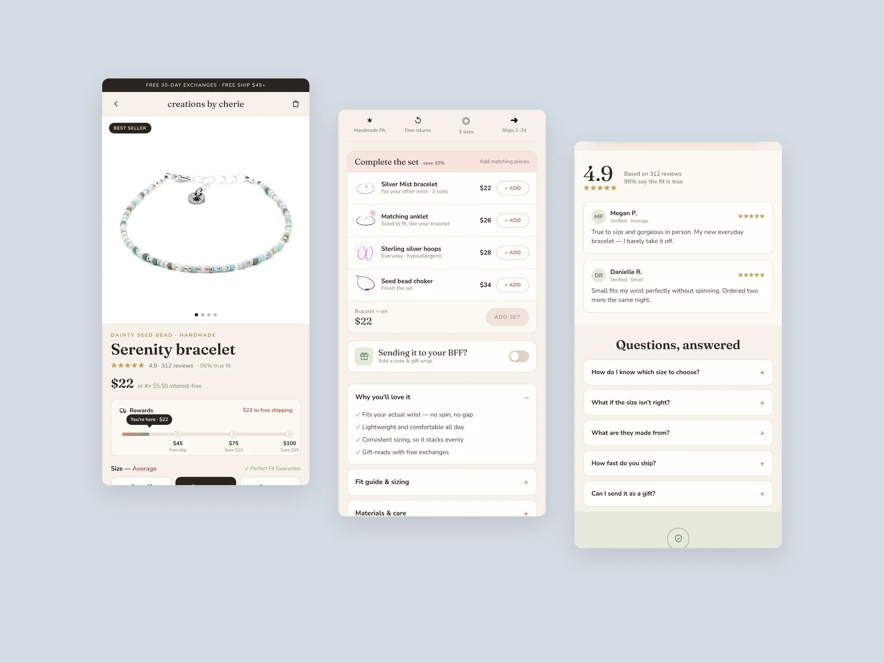 Creations by Cherie concept redesign: Three phone screens: product page top, middle, reviews