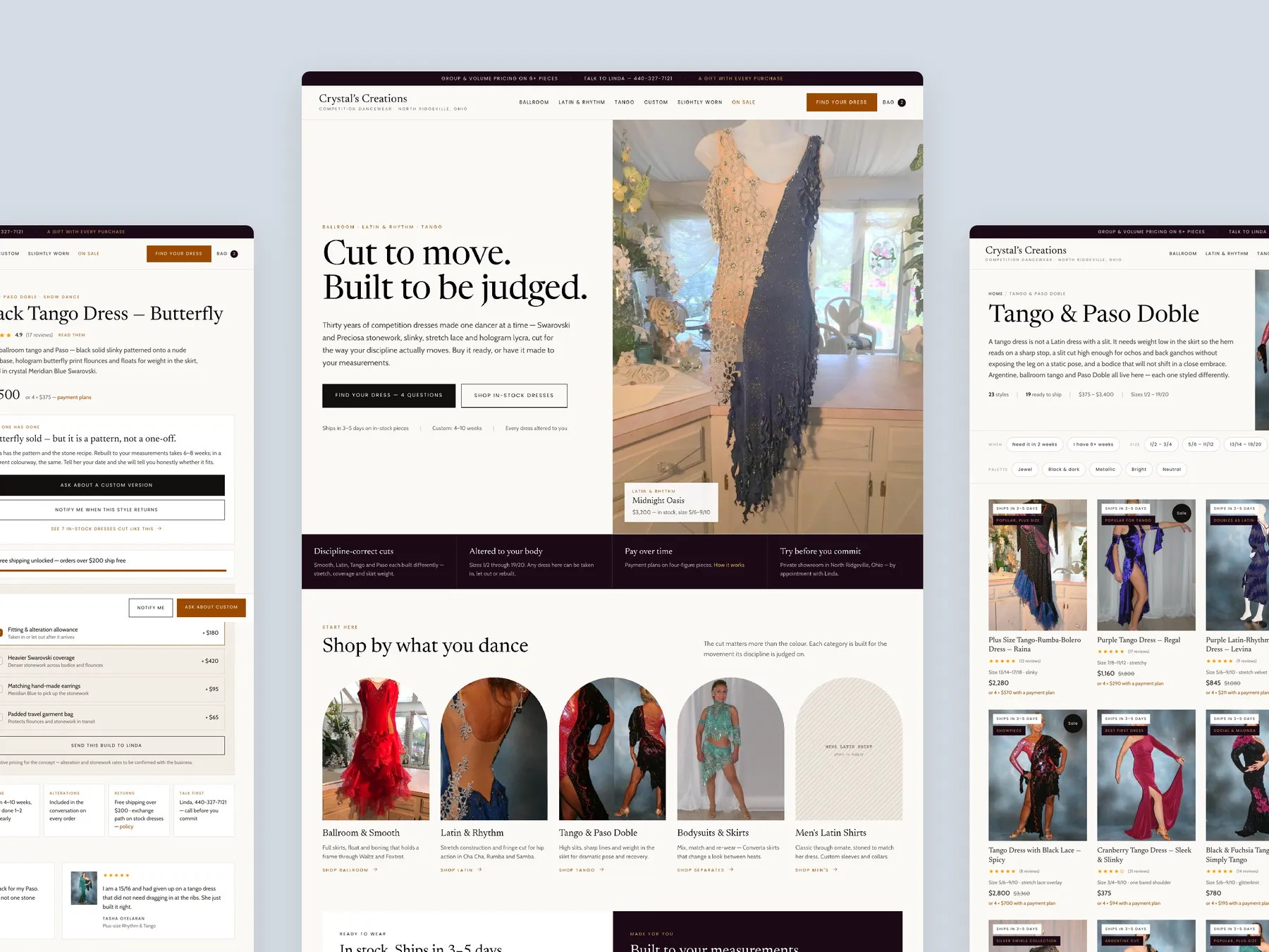 Crystal’s Creations concept redesign: Homepage centre, product left, collection right
