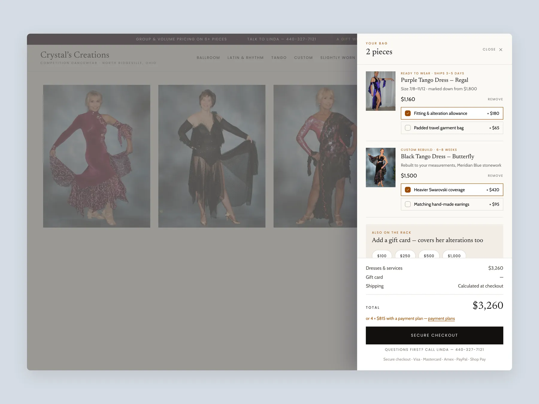 Crystal’s Creations concept redesign: Bag slide over open over the page, whole screen