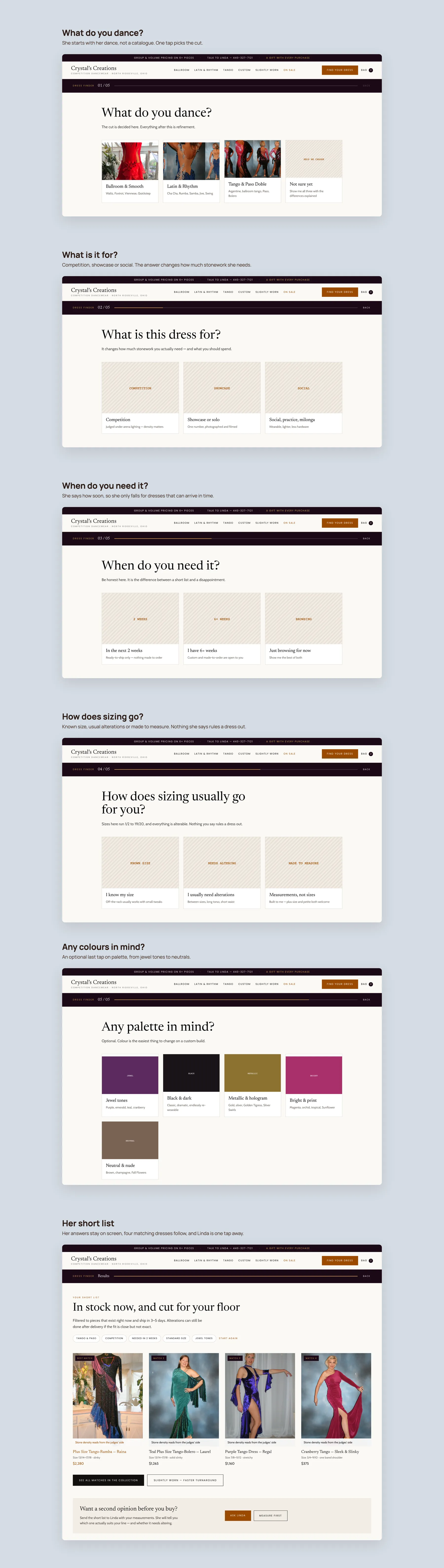Crystal’s Creations concept redesign: Dress finder, step by step