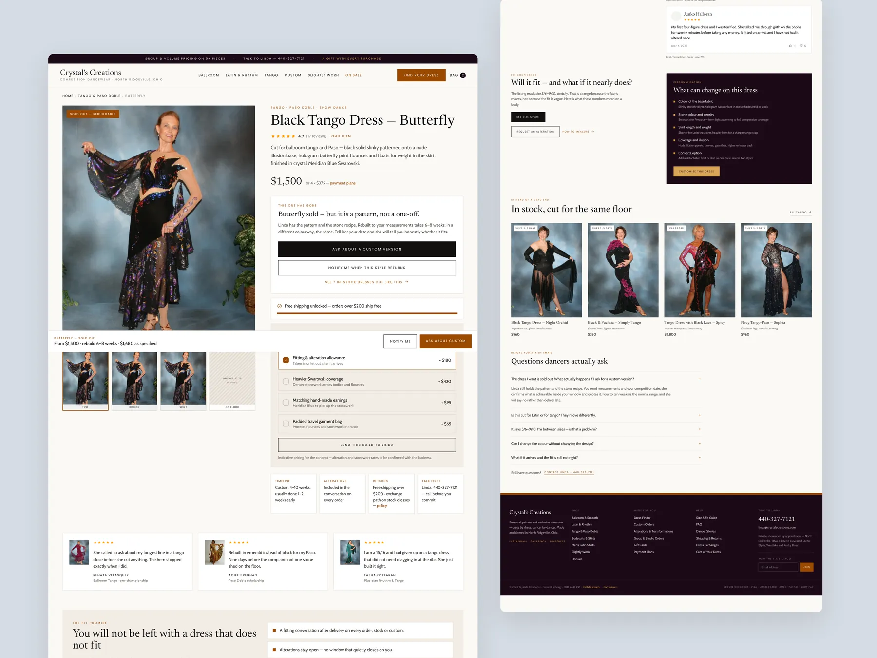 Crystal’s Creations concept redesign: Product page, two tall columns