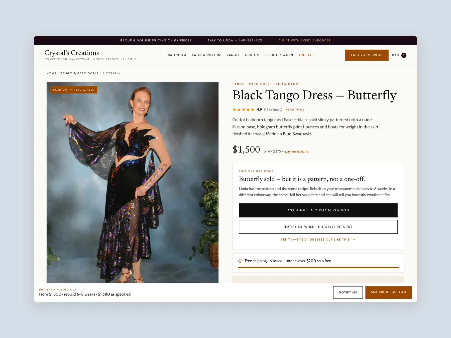 Crystal’s Creations concept redesign: Product page first screen: header and buy box