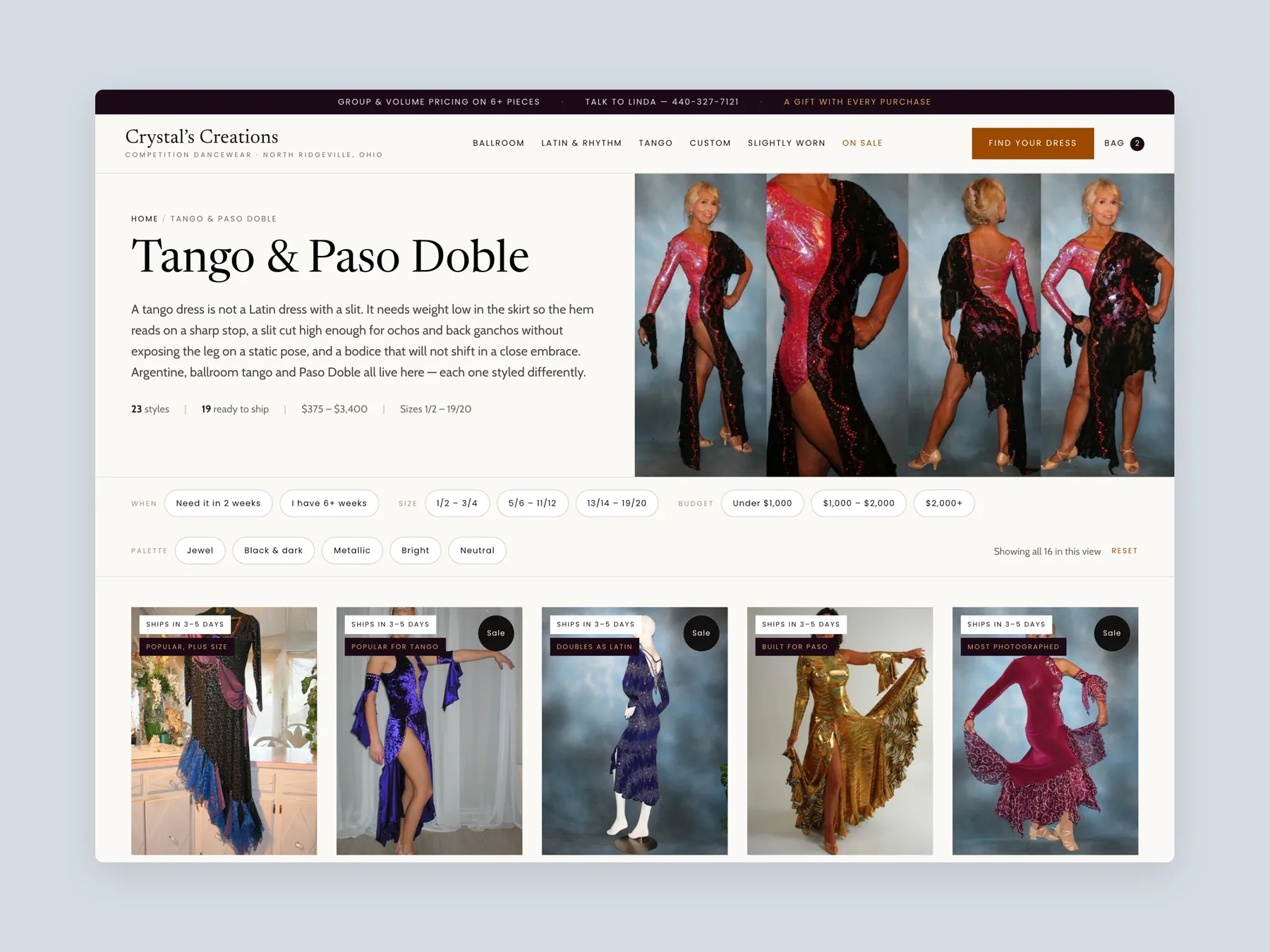 Crystal’s Creations concept redesign: Collection page first screen: header, filters, first row