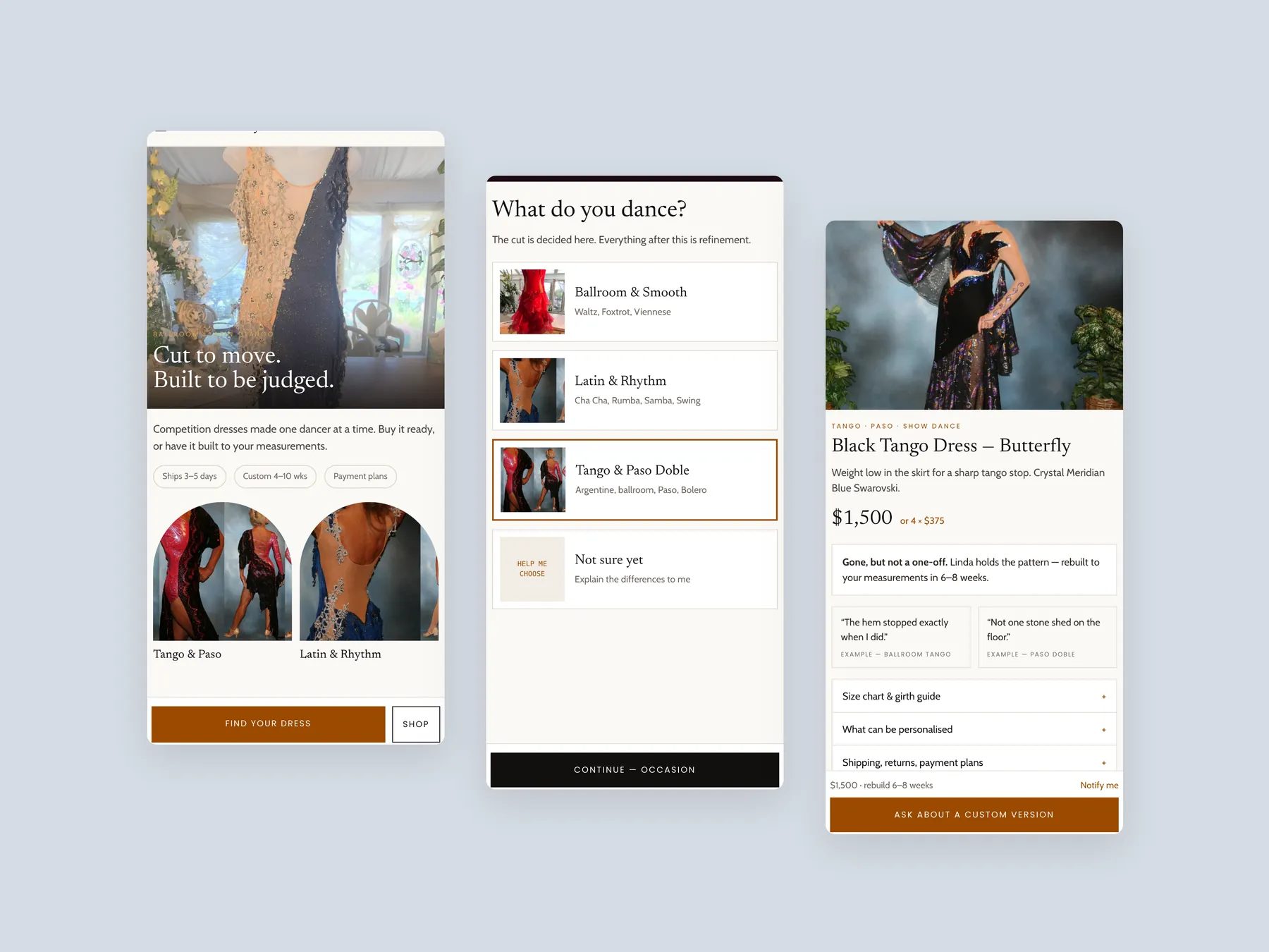 Crystal’s Creations concept redesign: Three phone screens: home, dress finder, product