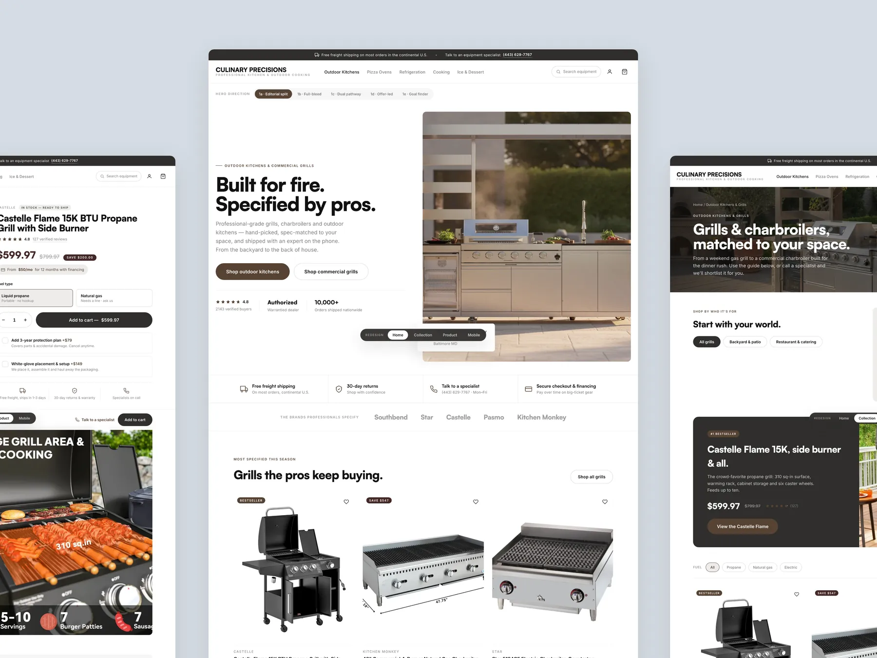 Culinary Precisions concept redesign: Homepage centre, product left, collection right
