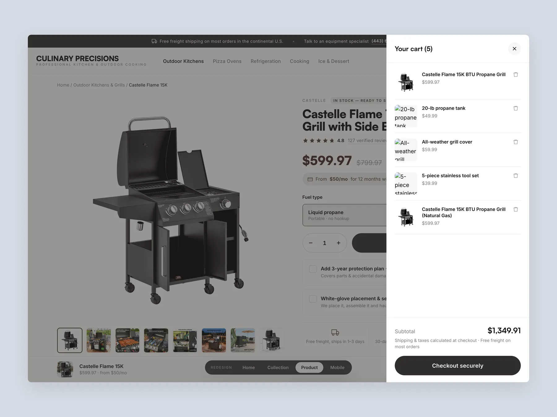 Culinary Precisions concept redesign: Bag slide over open over the product page, whole screen