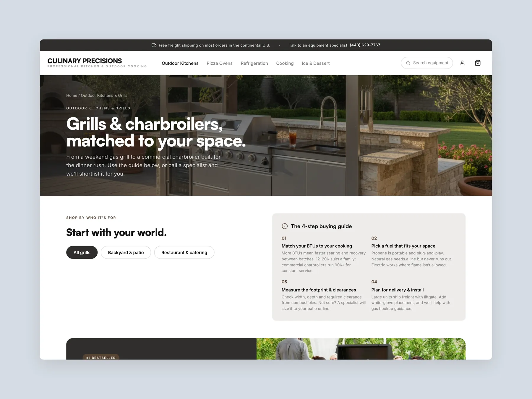 Culinary Precisions concept redesign: Collection page first screen: header, buying guide, bestseller