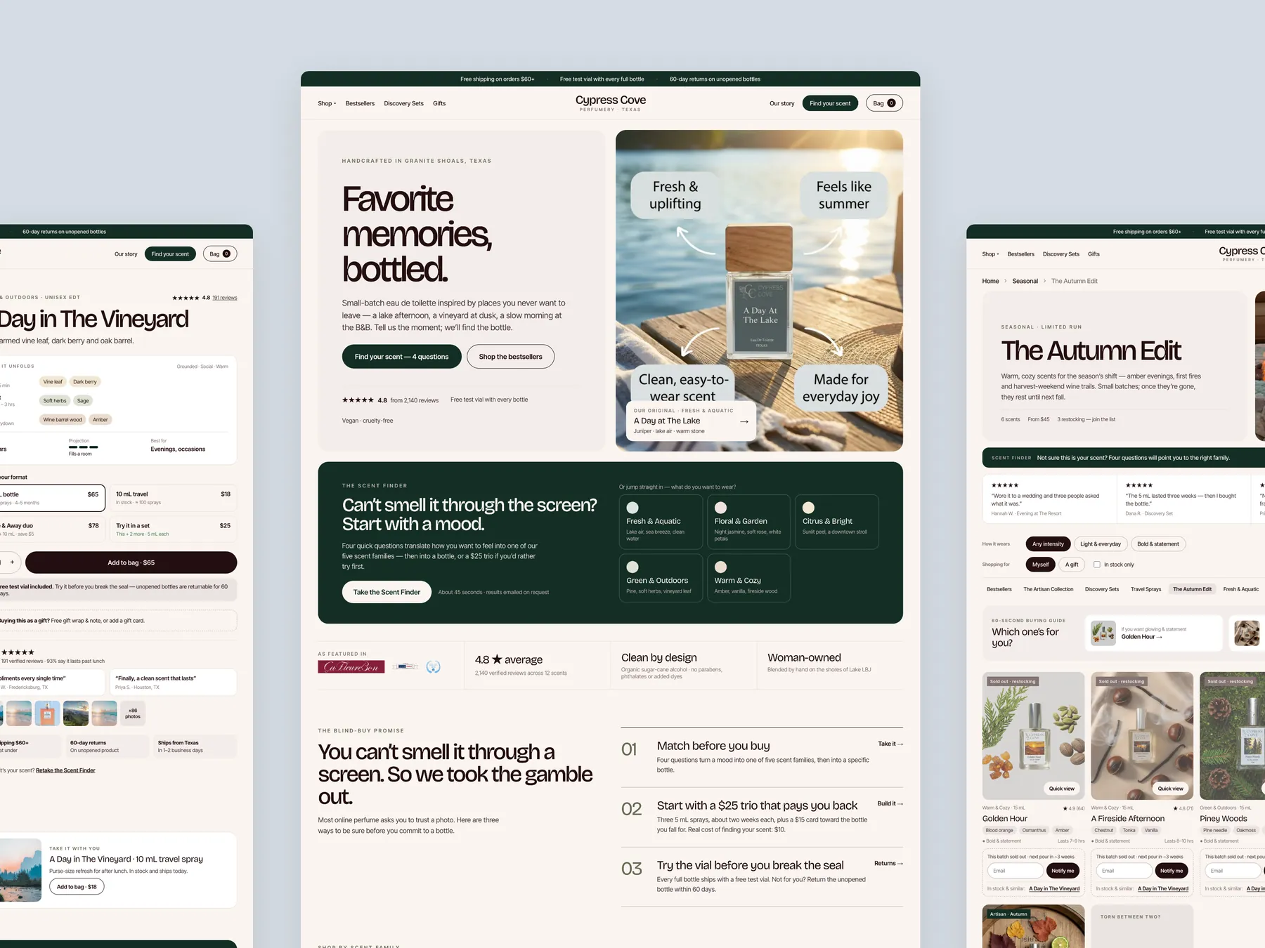 Cypress Cove concept redesign: Homepage centre, product left, collection right