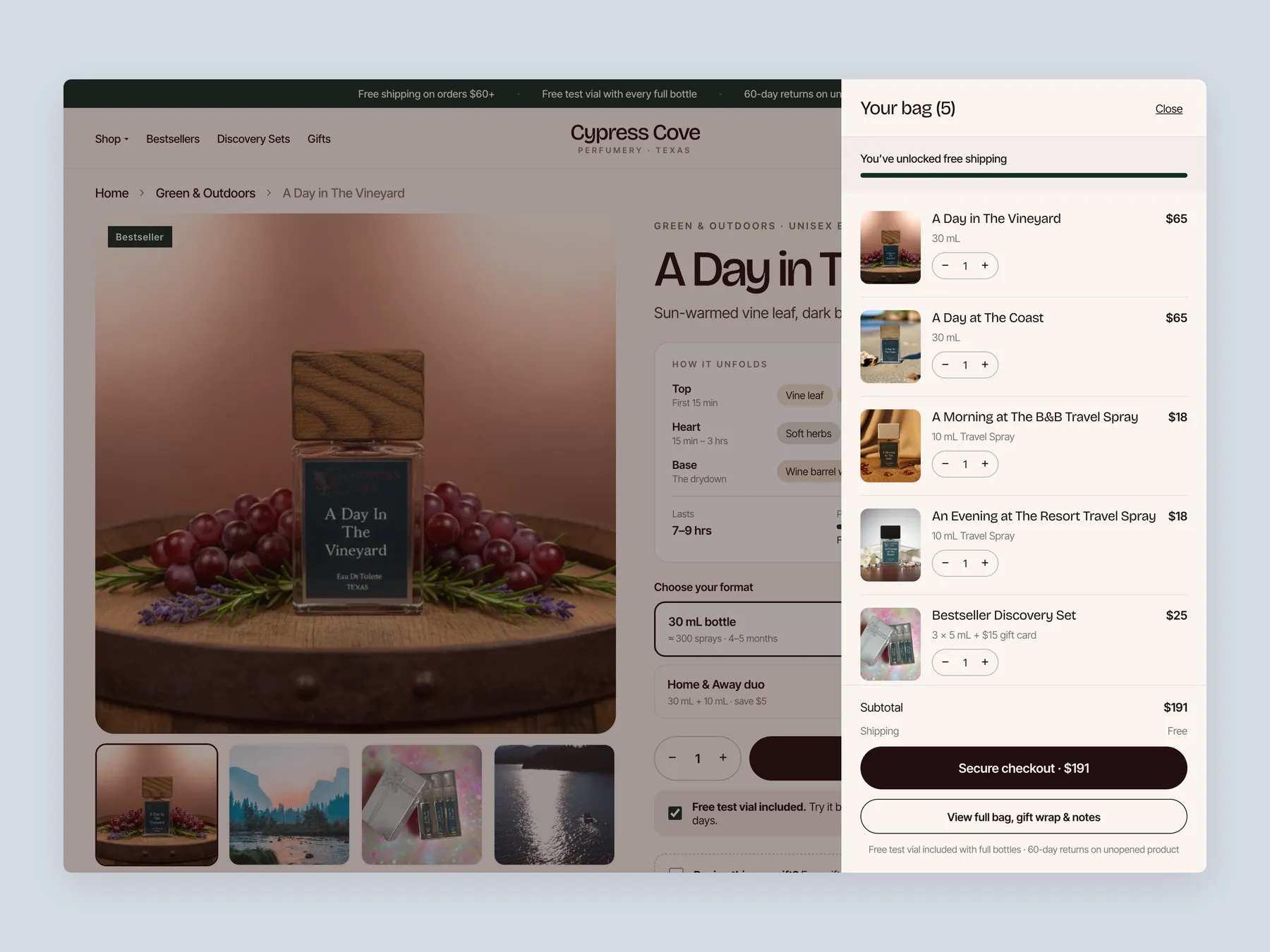 Cypress Cove concept redesign: Bag slide over open over the product page, whole screen