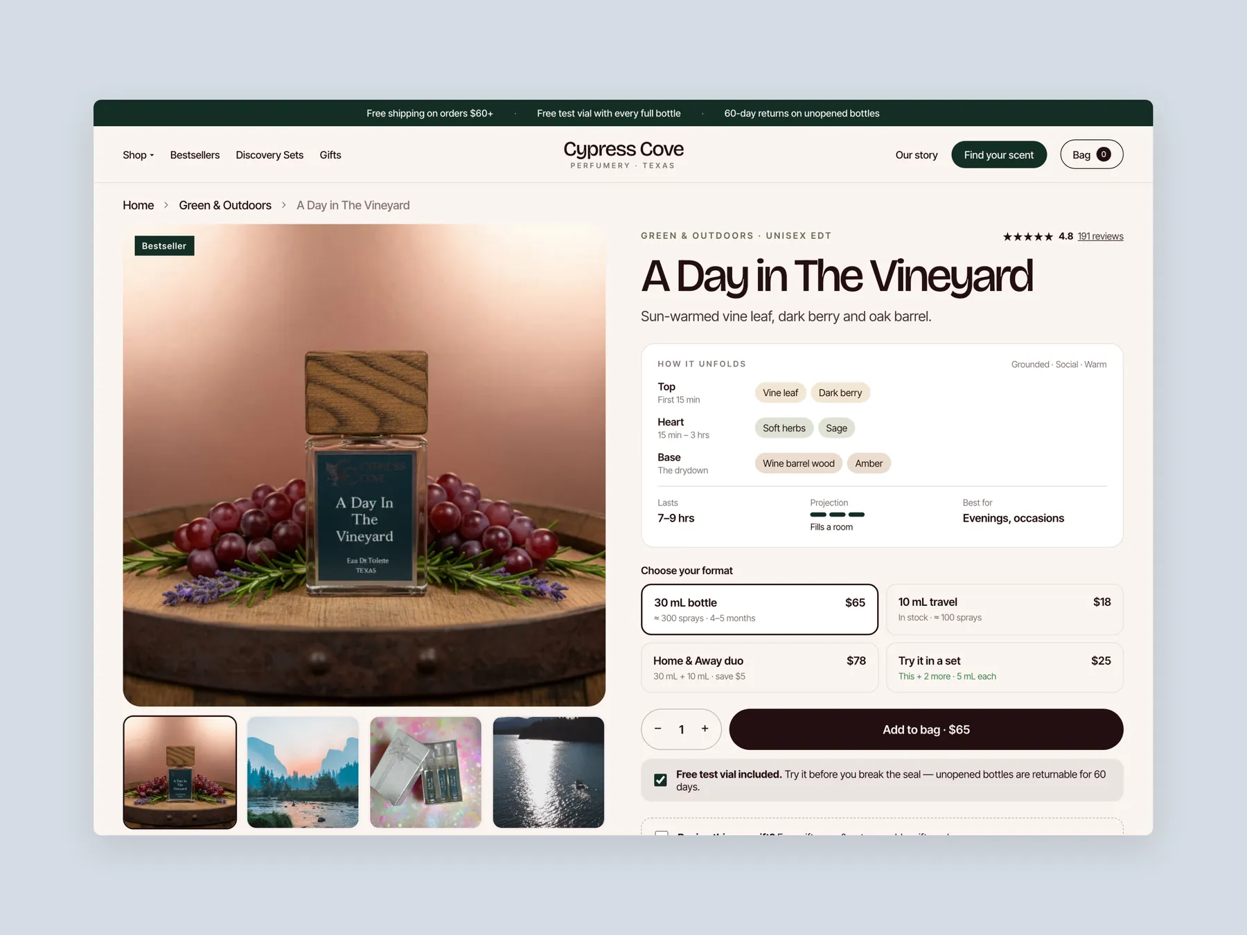 Cypress Cove concept redesign: Product page first screen: header and buy box