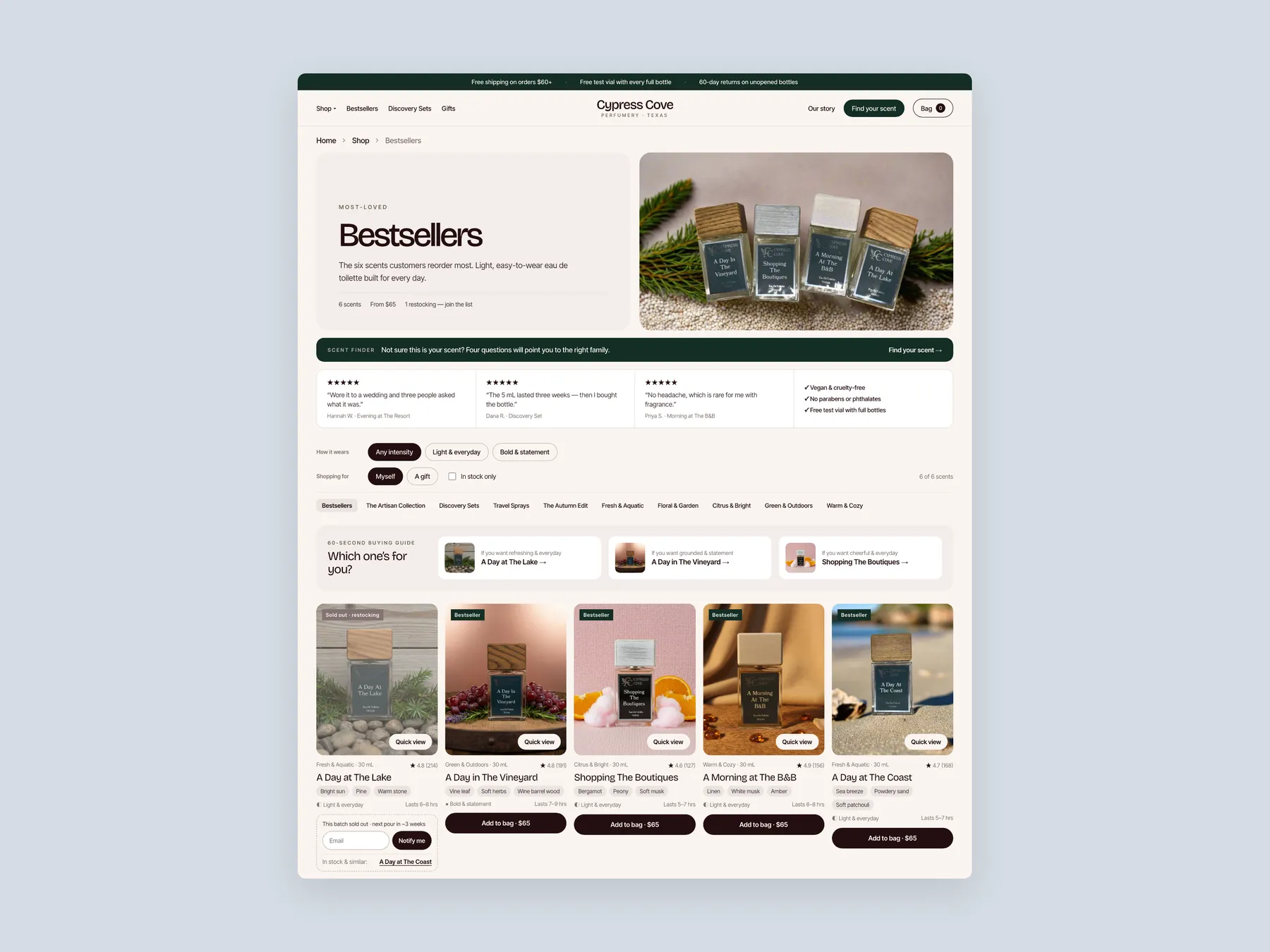Cypress Cove concept redesign: Collection page first screen: header, filters, first row