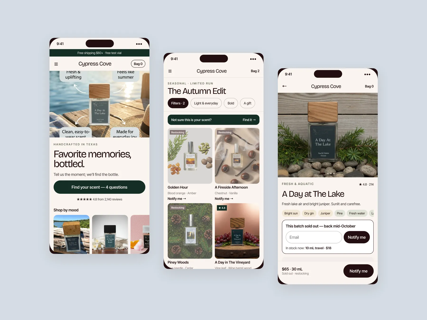 Cypress Cove concept redesign: Three phone screens: home, collection, product