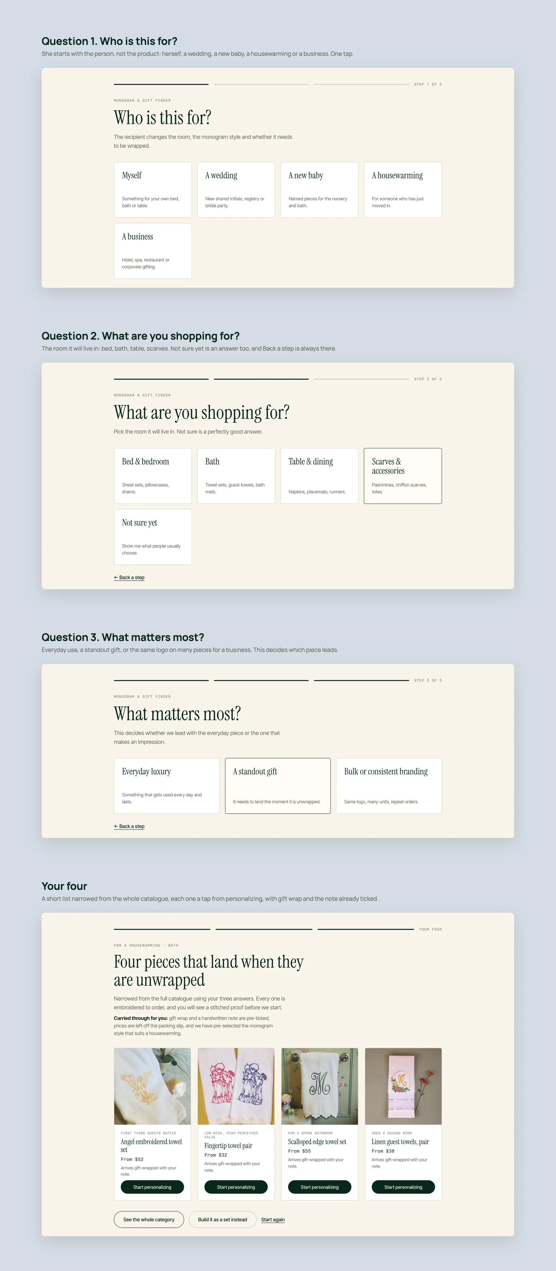 Embroidery Studio Plus concept redesign: Monogram and gift finder, step by step