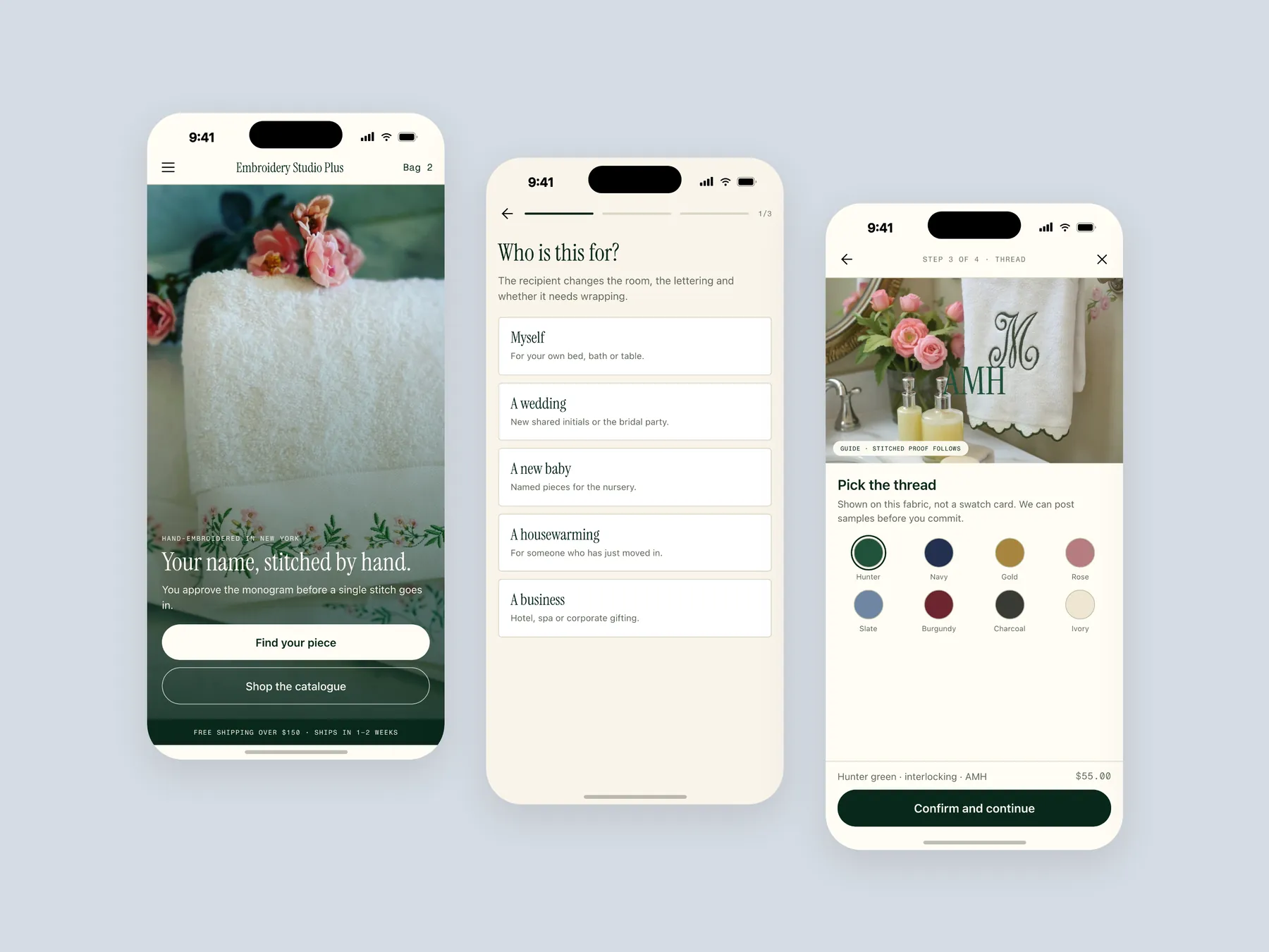 Embroidery Studio Plus concept redesign: Three phone screens: home, finder, personalization