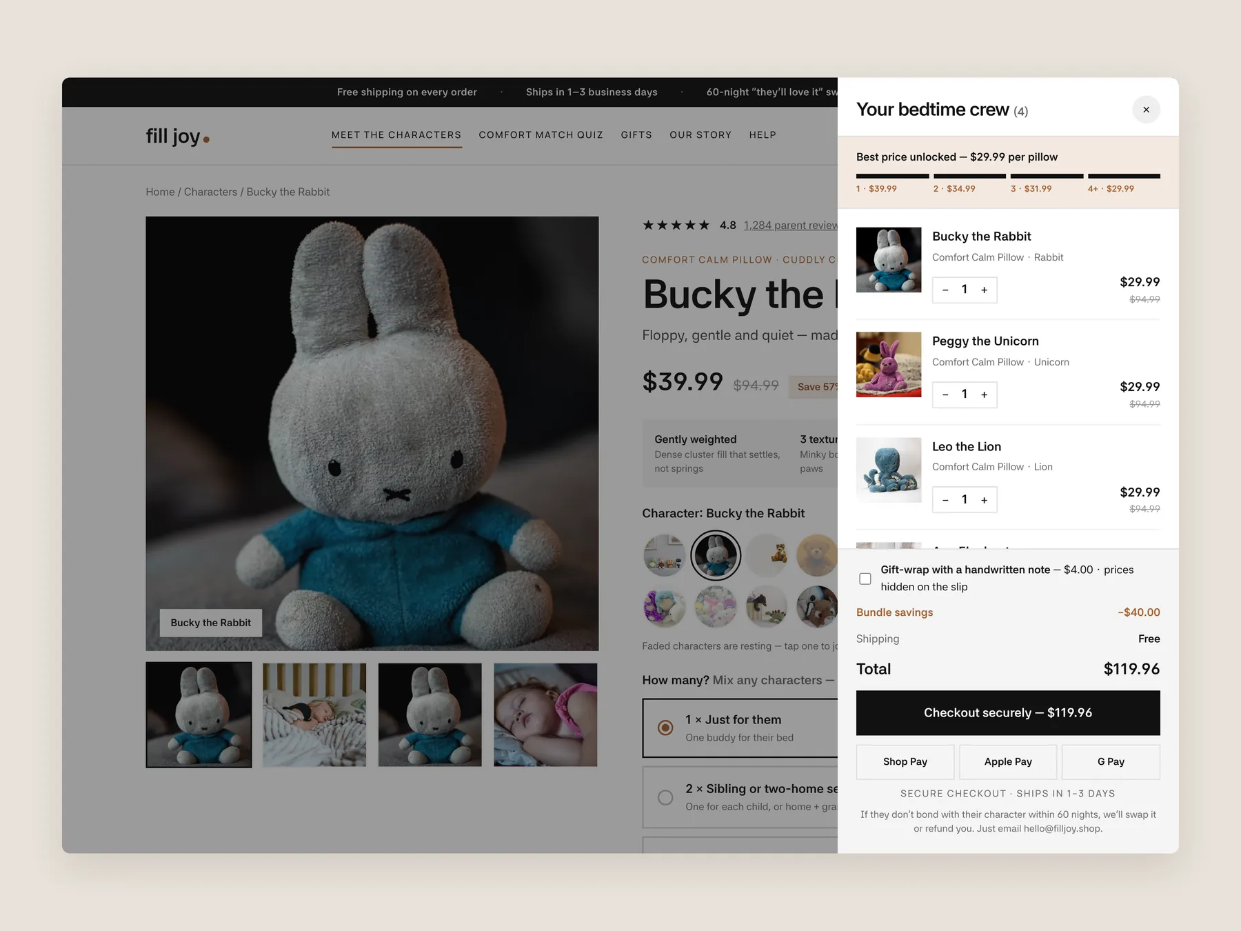 FillJoy concept redesign: Bag slide over open over the product page, whole screen