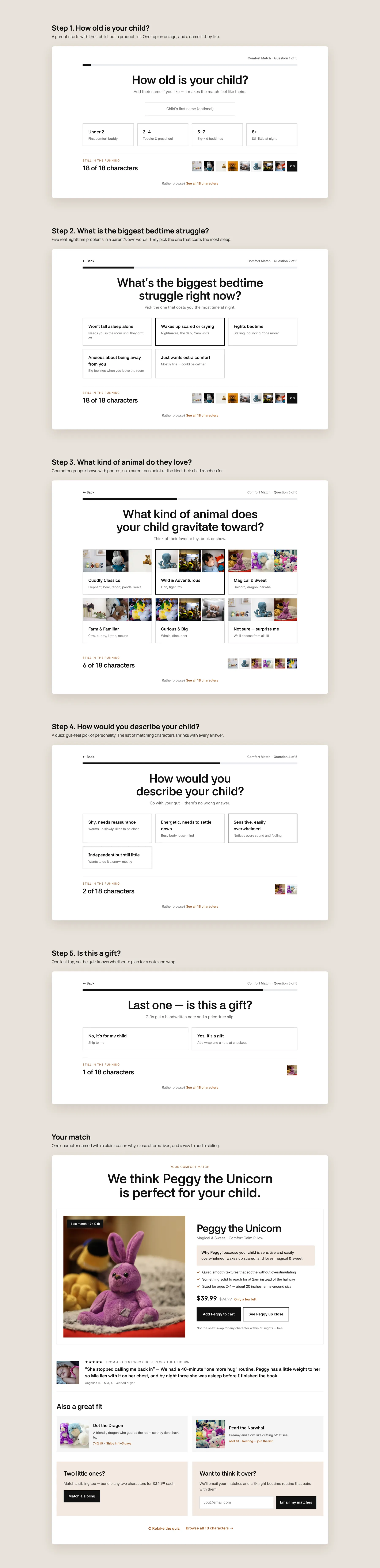 FillJoy concept redesign: Comfort Match quiz, step by step