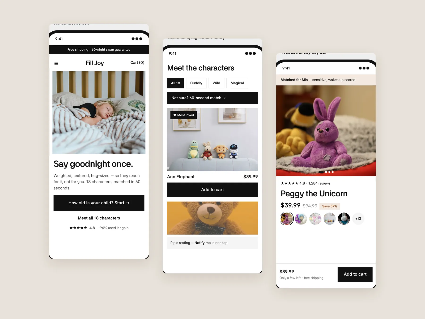 FillJoy concept redesign: Three phone screens: home, collection, product