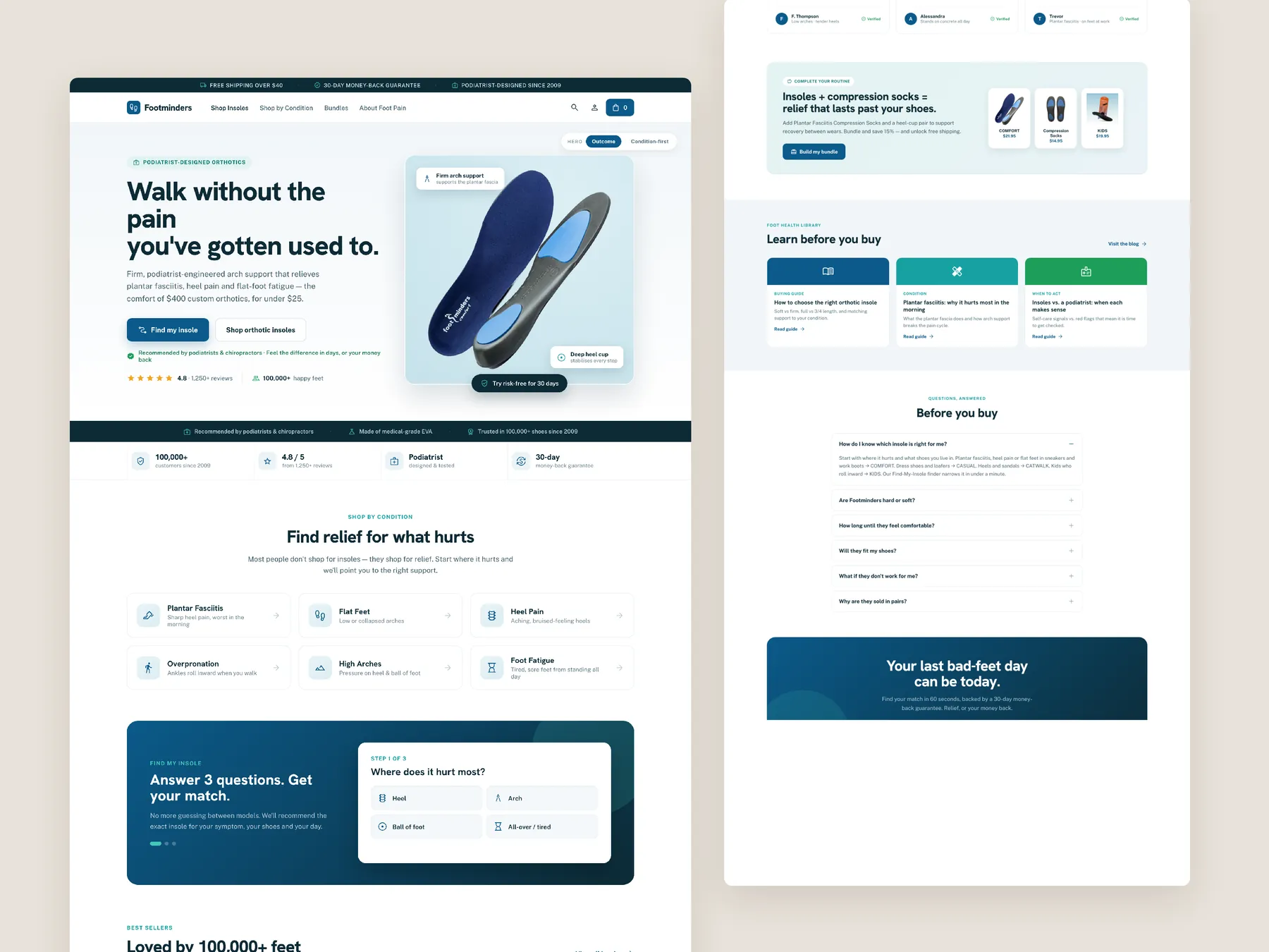 Footminders concept redesign: Homepage, two tall columns