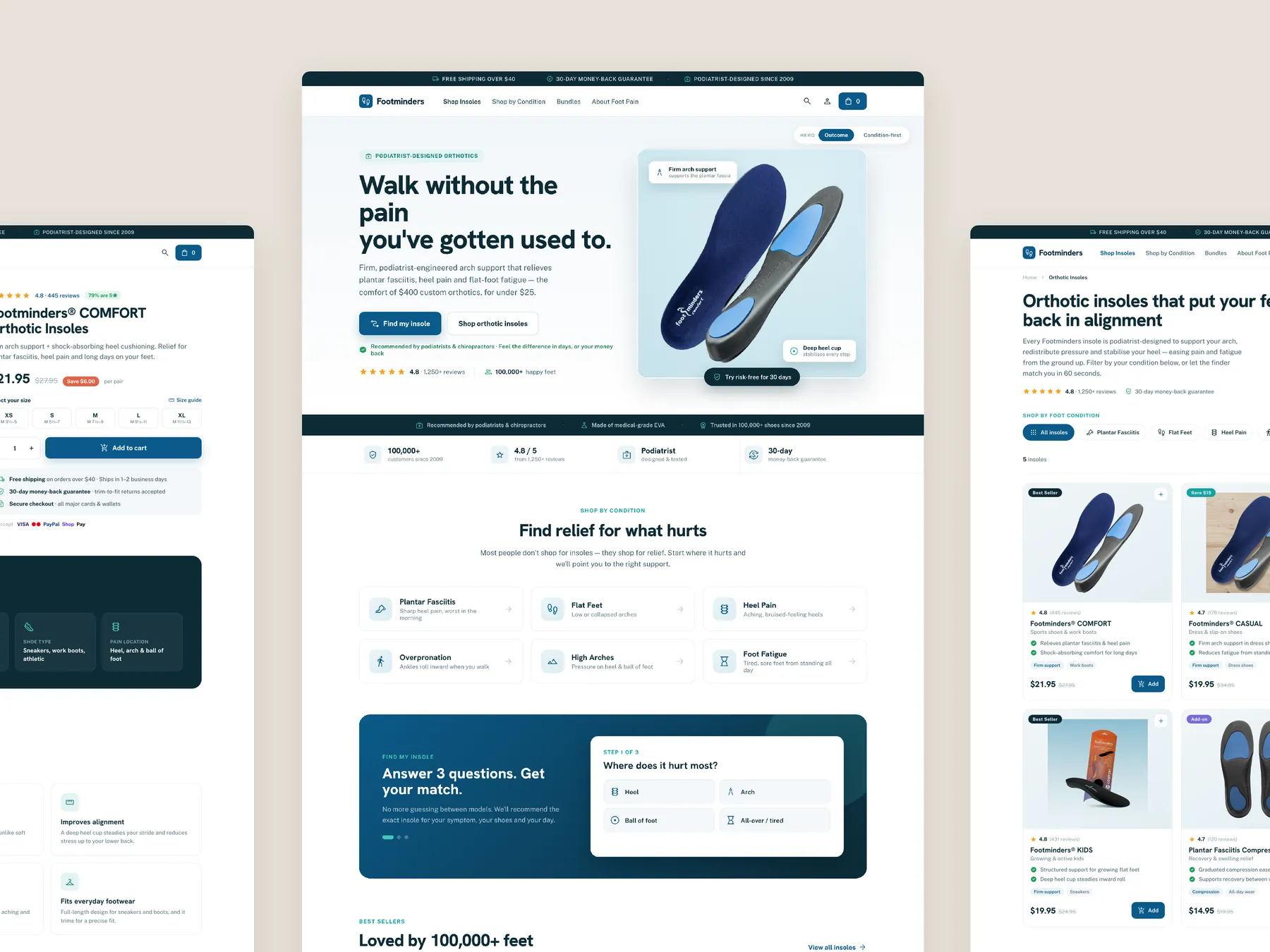 Footminders concept redesign: Homepage centre, product left, collection right