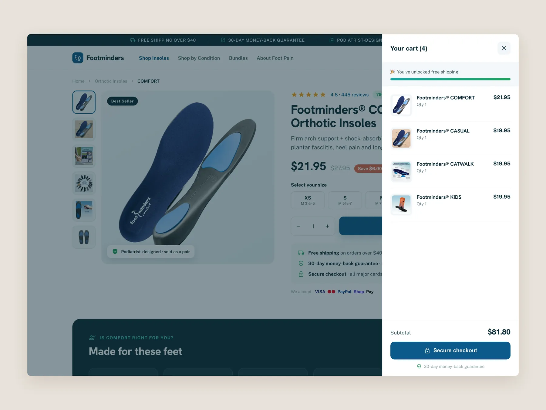 Footminders concept redesign: Bag slide over open over the product page, whole screen