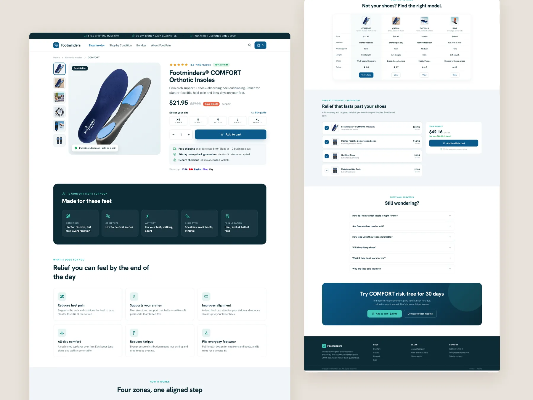 Footminders concept redesign: Product page, two tall columns
