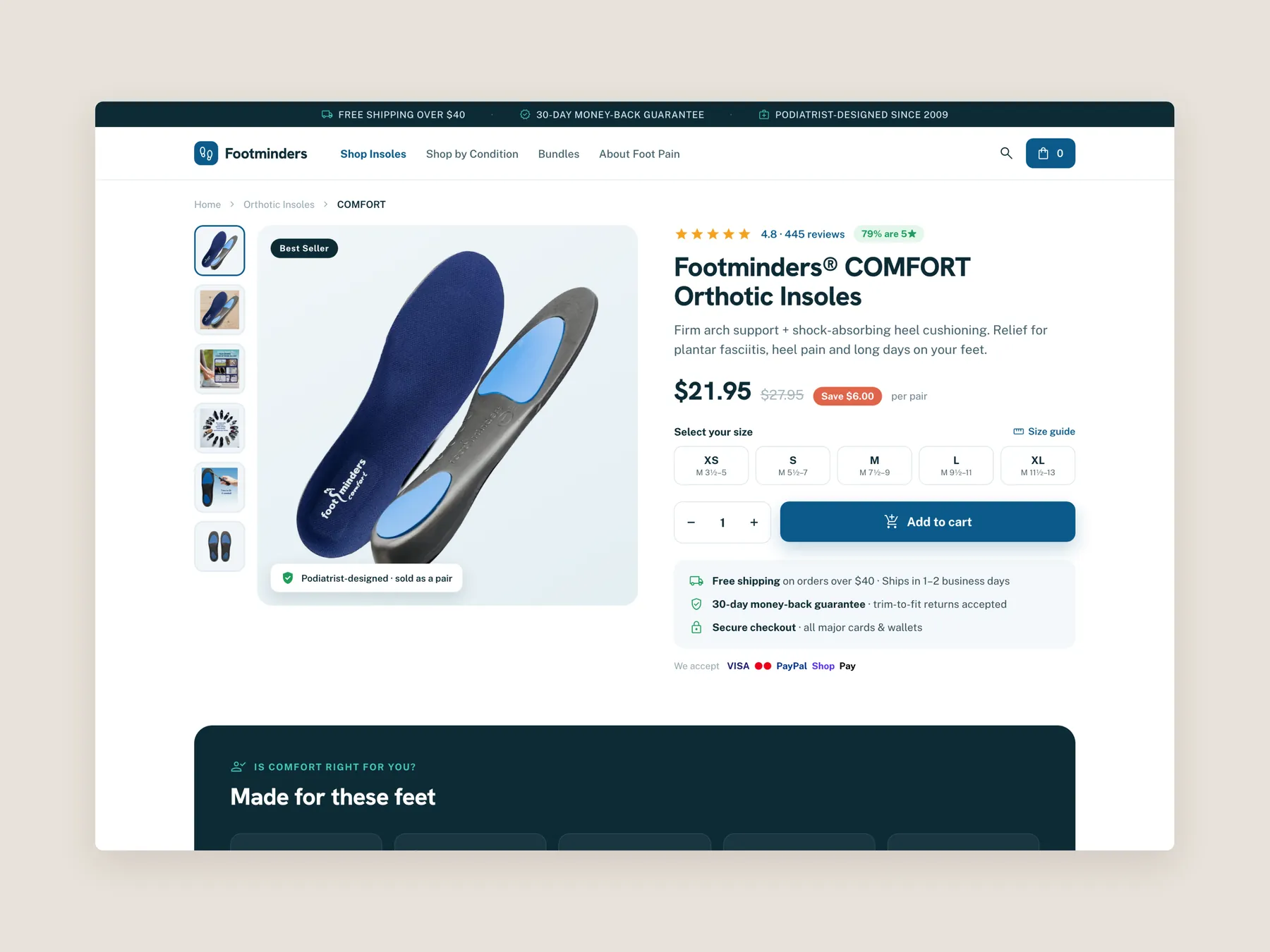 Footminders concept redesign: Product page first screen: header and buy box
