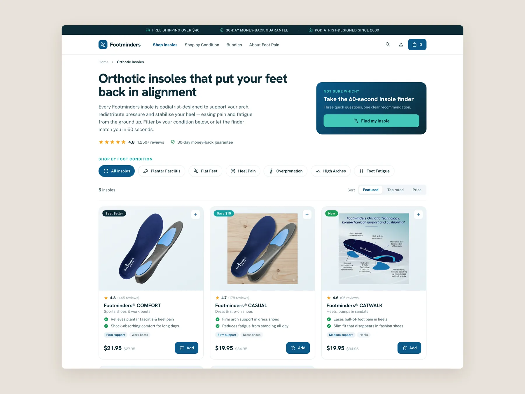 Footminders concept redesign: Collection page first screen: header, filters, first row
