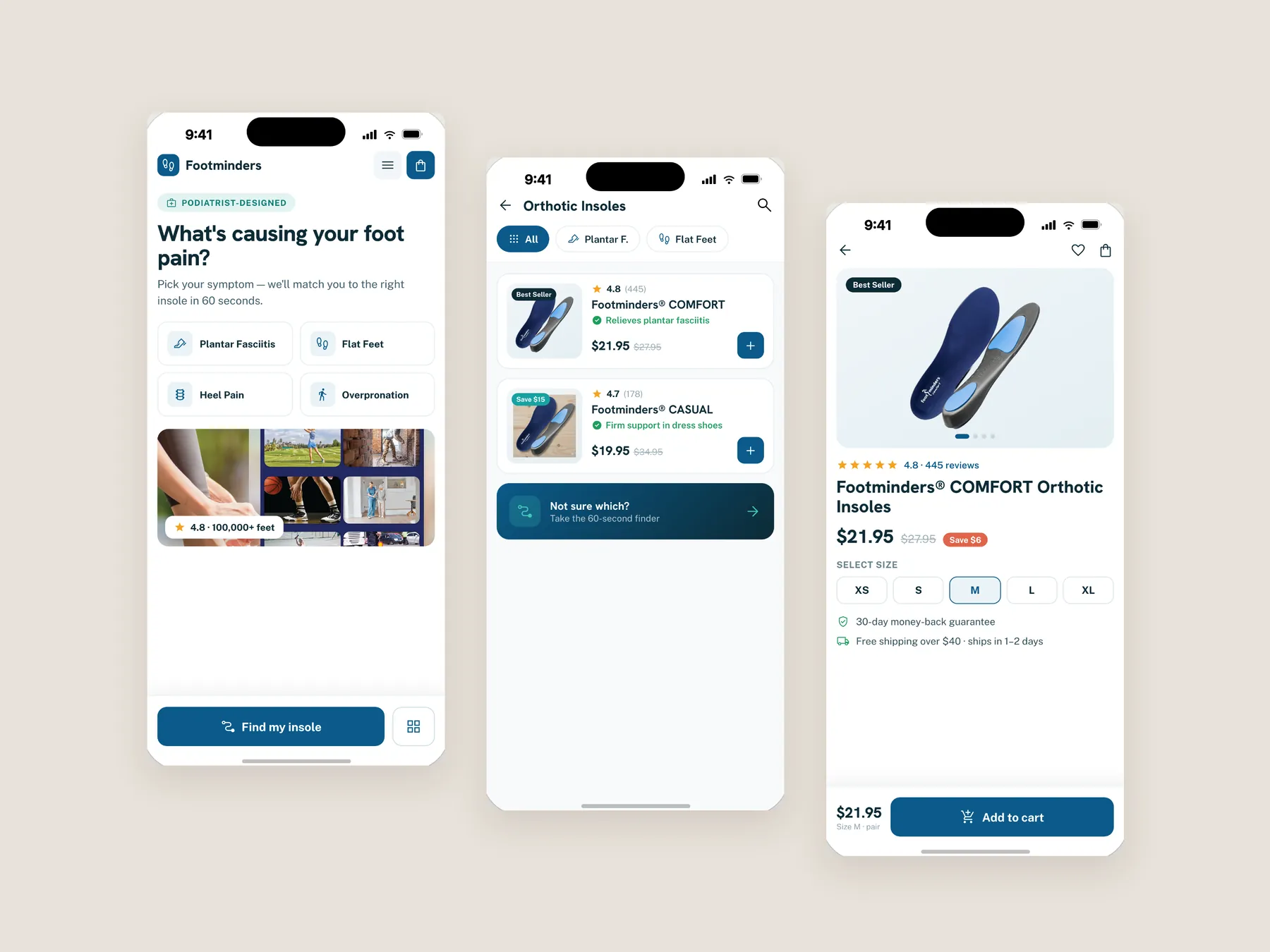 Footminders concept redesign: Three phone screens: home, collection, product