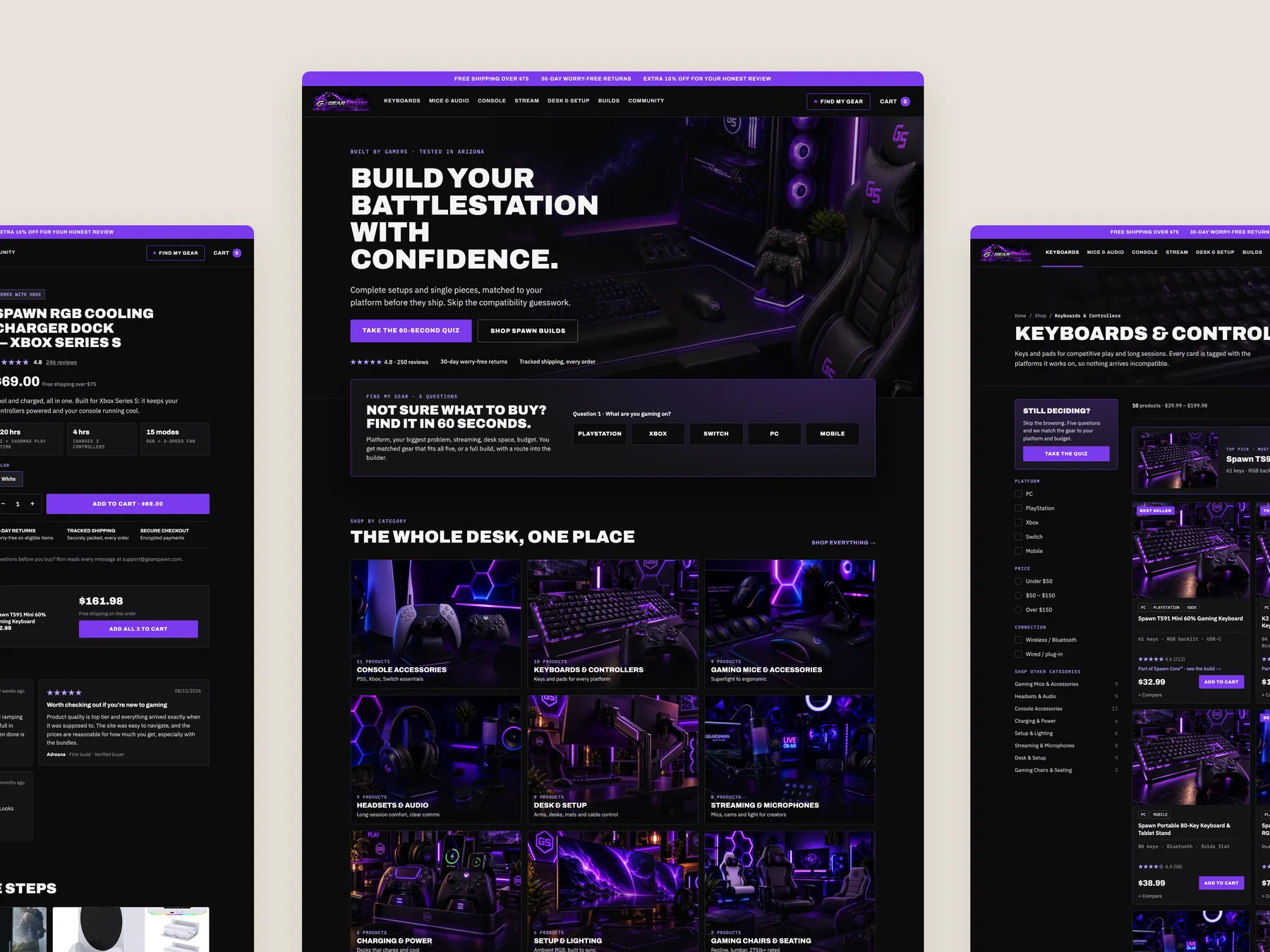 GearSpawn concept redesign: Homepage centre, product left, collection right