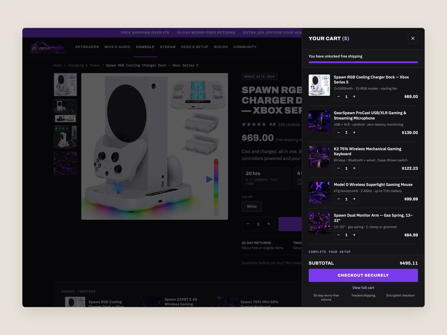 GearSpawn concept redesign: Cart slide over open over the product page, whole screen