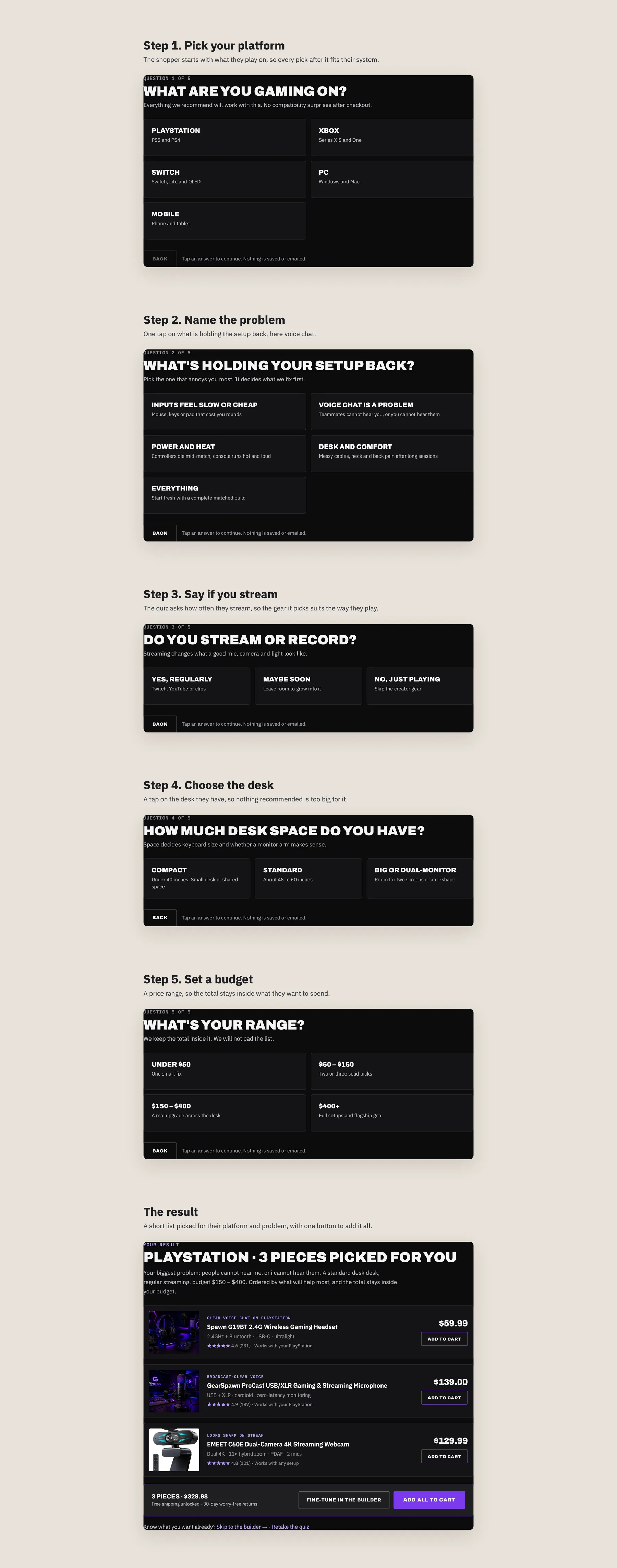 GearSpawn concept redesign: Product finder quiz, step by step