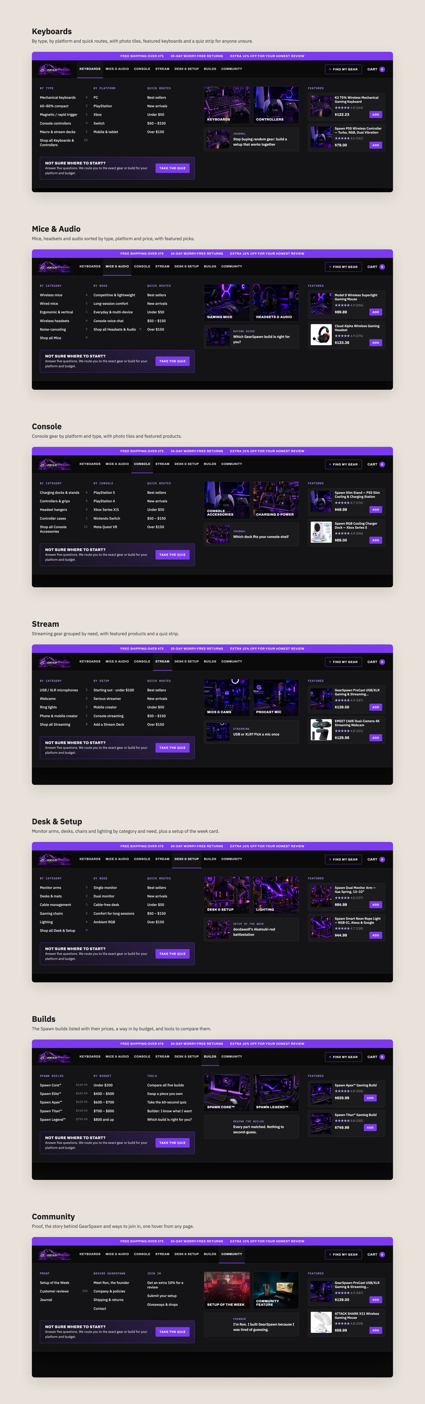 GearSpawn concept redesign: Mega menu, every panel open