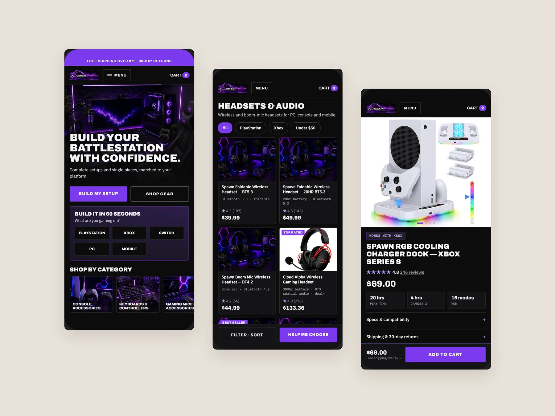 GearSpawn concept redesign: Three phone screens: home, collection, product