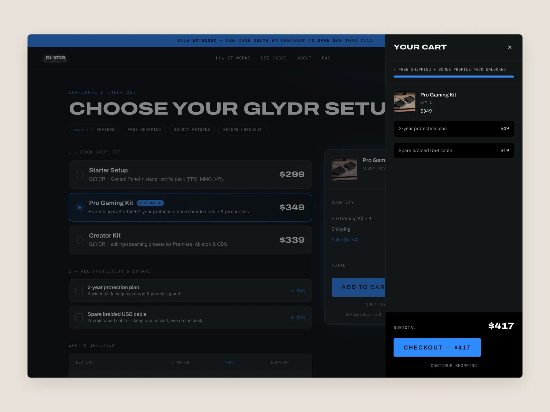 Glydr concept redesign: Cart slide over open over the buy page, whole screen