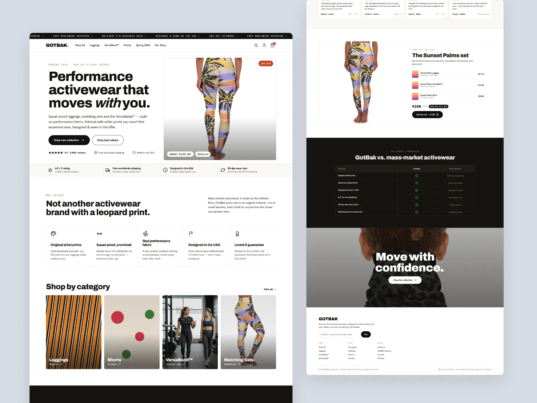 GotBak Active Wear concept redesign: Homepage, two tall columns
