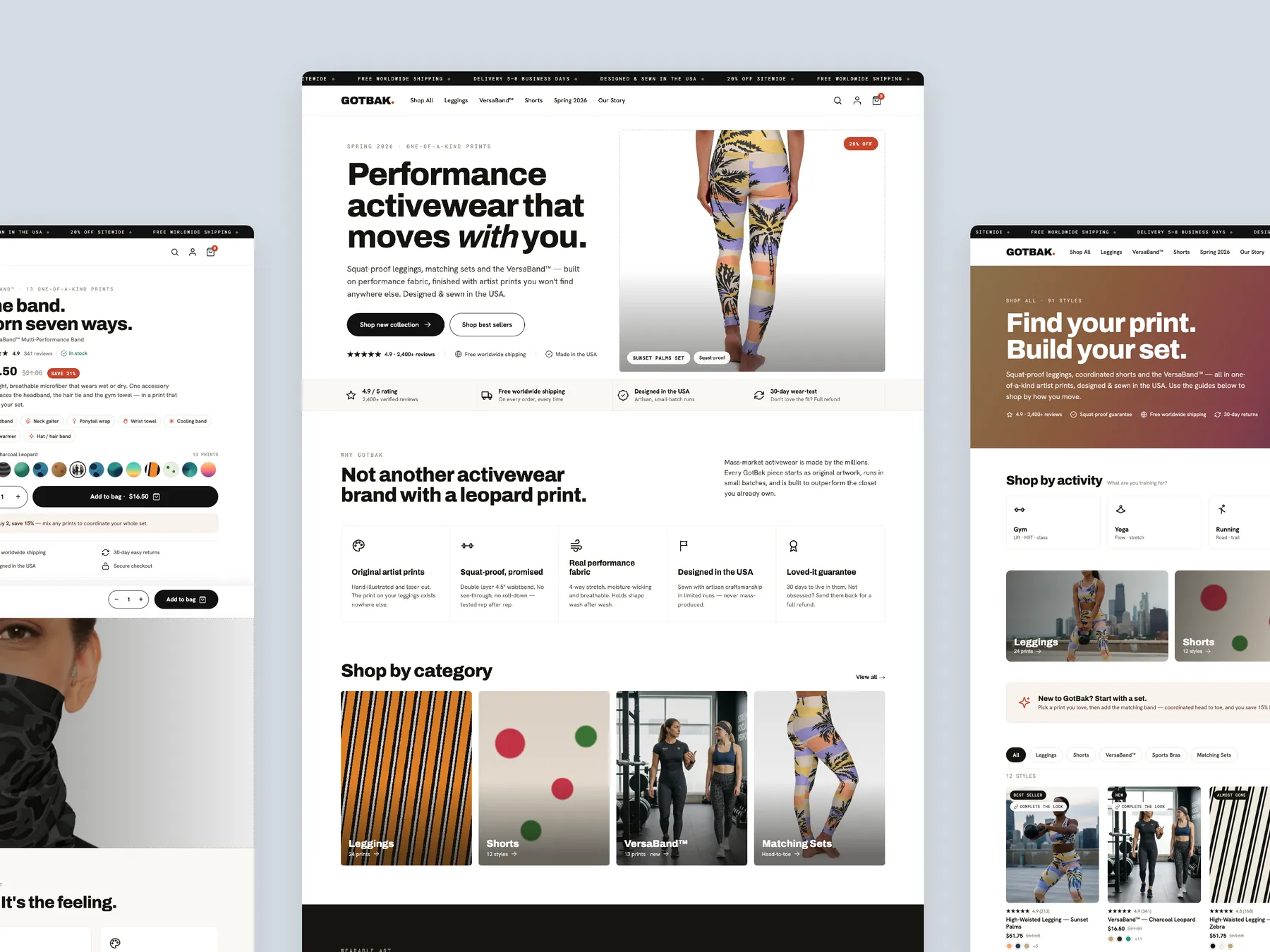 GotBak Active Wear concept redesign: Homepage centre, product left, collection right