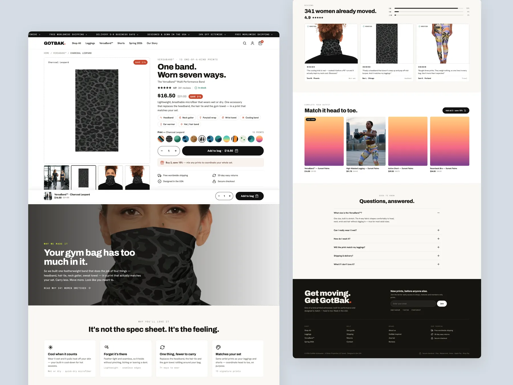 GotBak Active Wear concept redesign: Product page, two tall columns