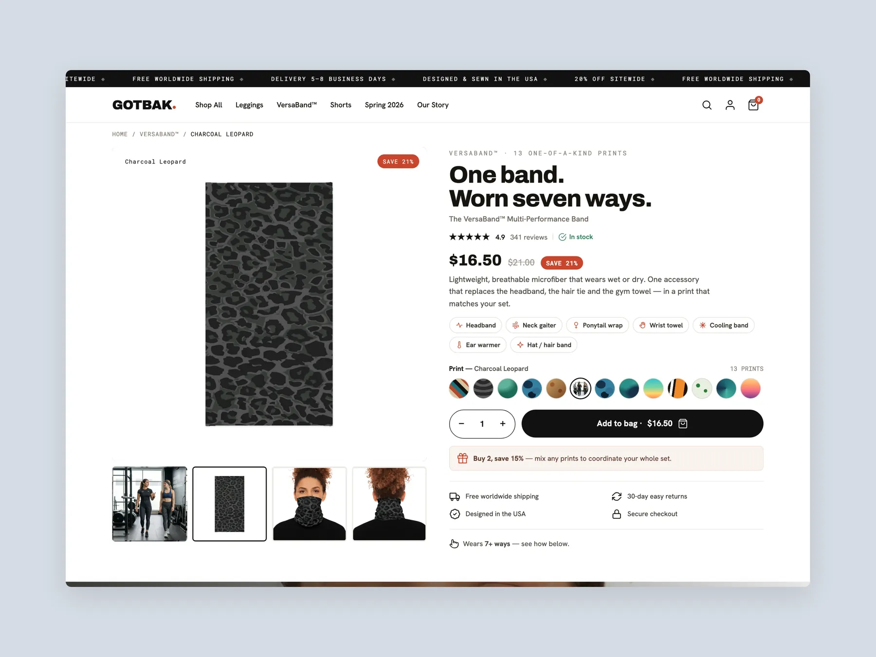 GotBak Active Wear concept redesign: Product page first screen: header and buy box
