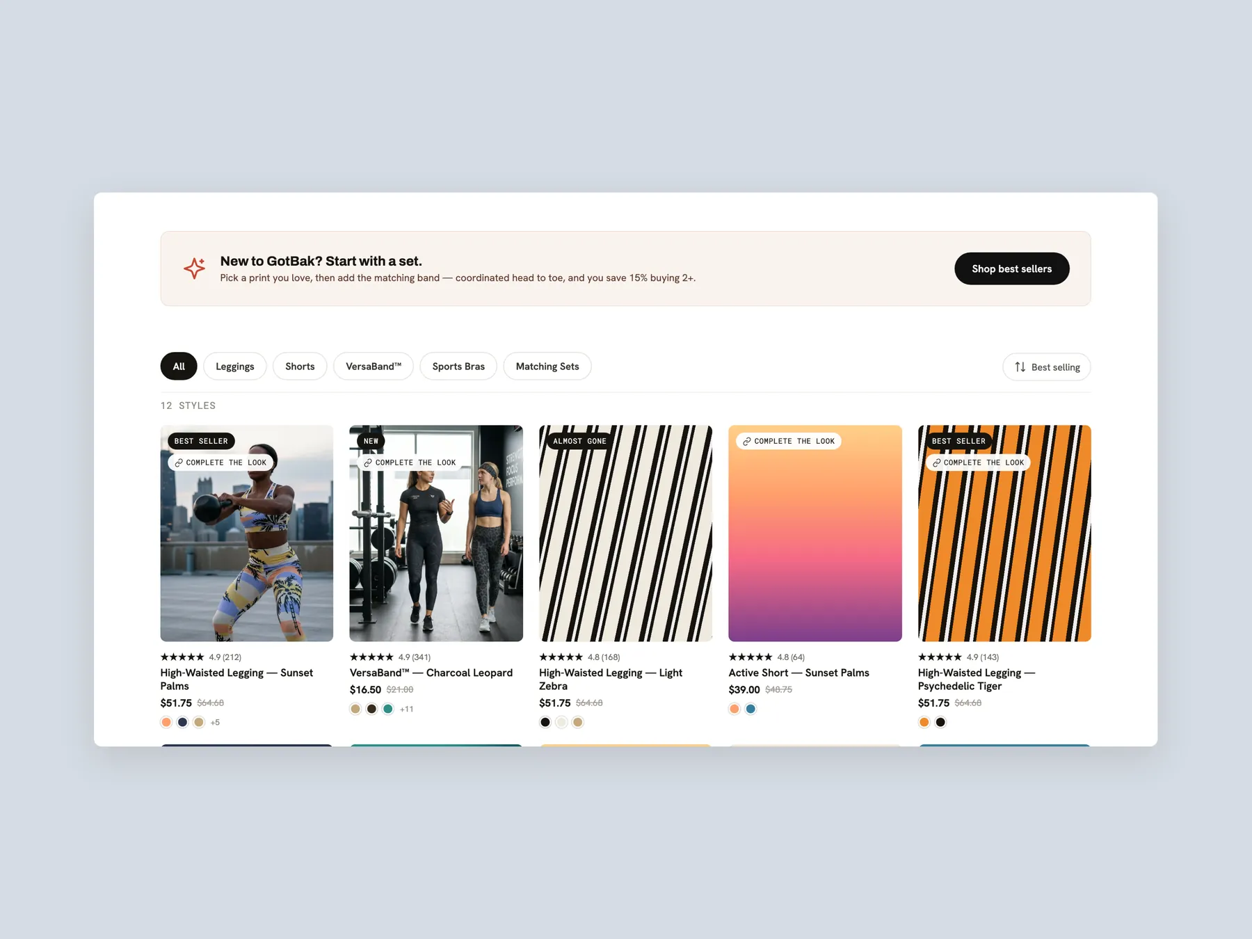 GotBak Active Wear concept redesign: Collection page: set banner, filters, first row