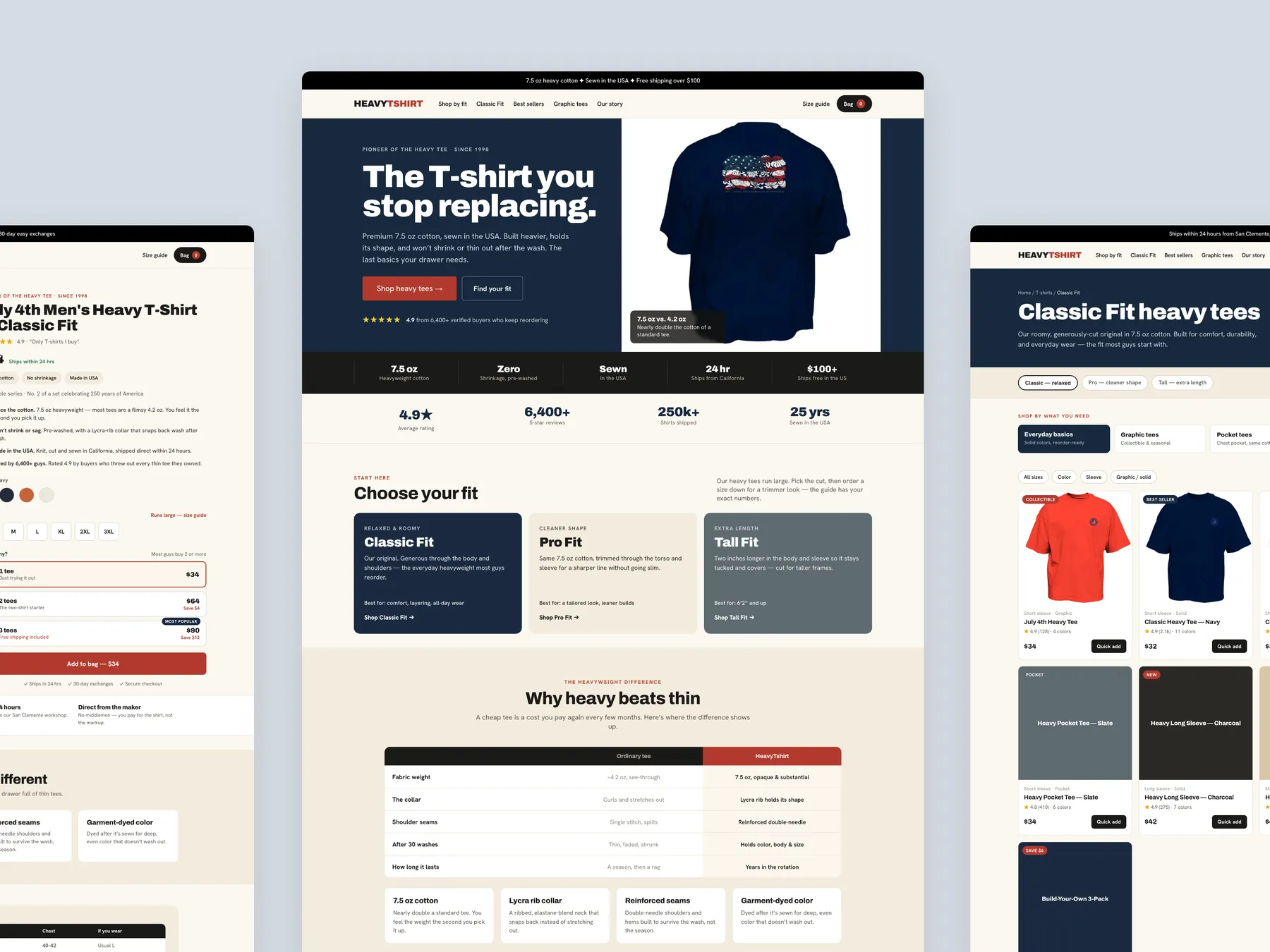 HeavyTShirt concept redesign: Homepage centre, product left, collection right