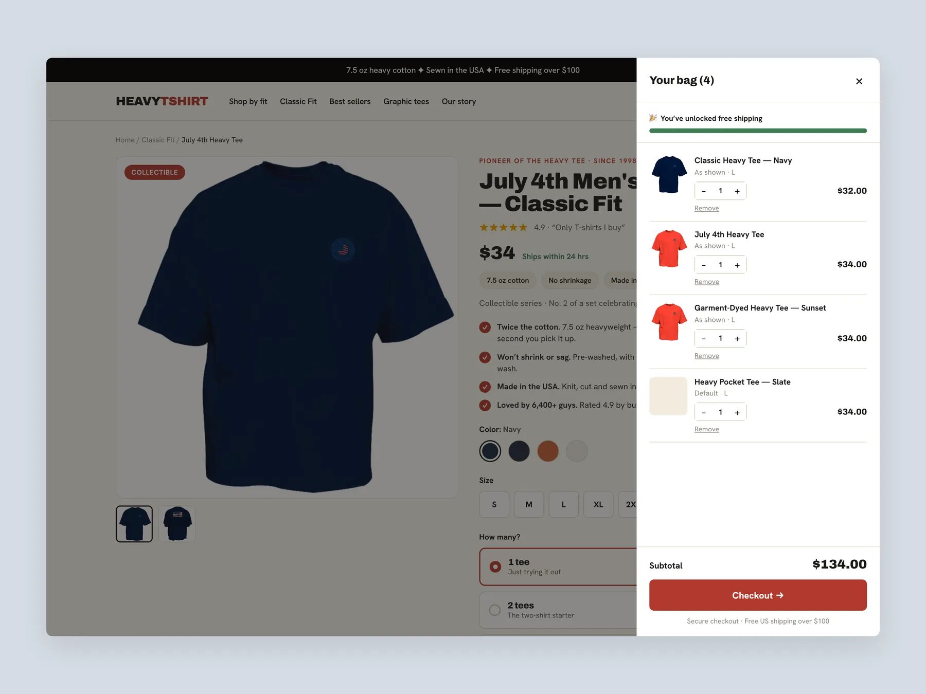 HeavyTShirt concept redesign: Bag slide over open over the product page, whole screen