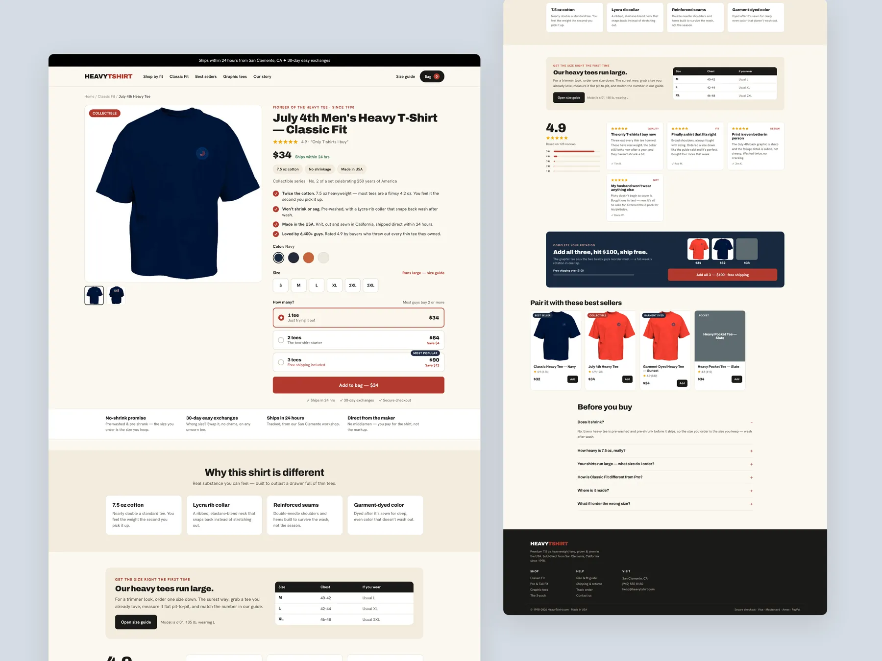 HeavyTShirt concept redesign: Product page, two tall columns