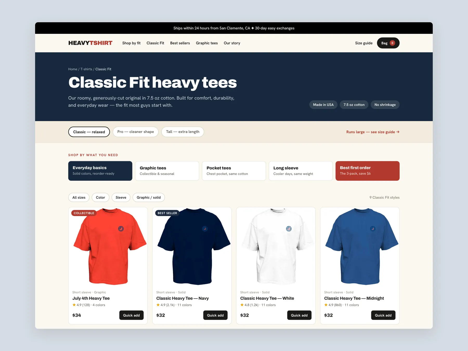 HeavyTShirt concept redesign: Collection page first screen: header, filters, first row