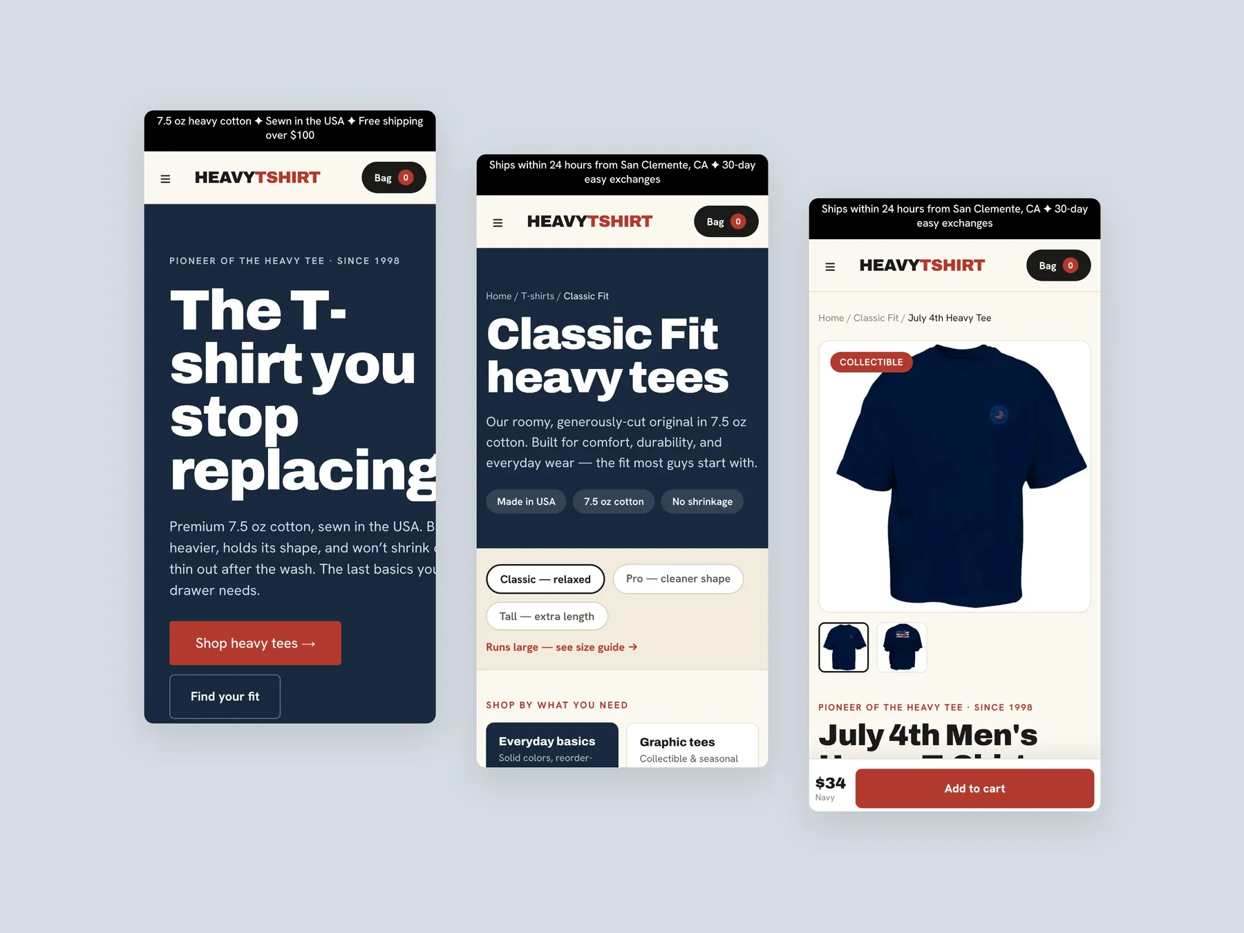 HeavyTShirt concept redesign: Three phone screens: home, collection, product